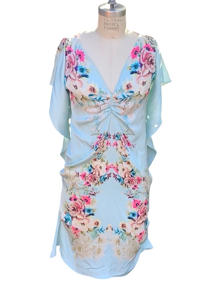 Yoana Baraschi Silk Floral Blue Dress Size Small